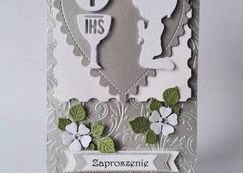 ZAPROSZENIA KOMUNIA CHŁOPIEC KLĘCZĄCY KIELICH SERCE B6 SREBRO - BIEL