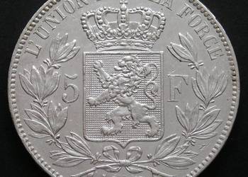 BELGIA 5 FRANKÓW 1870 - KRÓL LEOPOLD II - SREBRO