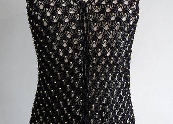 Kamizelka Wieczorowa Imprezowa Szydełkowa Czarna Zdobiona Złotymi Koralikam
