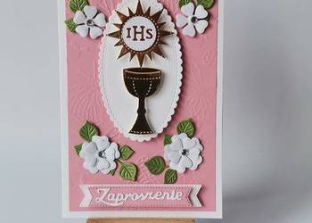 Zaproszenia Komunia Dziewczynka Kielich Słoneczko W Kwiatach B6 Róż – Biel