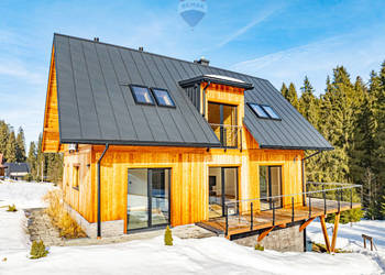 Dom jednorodziny z wiatą w otoczeniu lasu i potoku