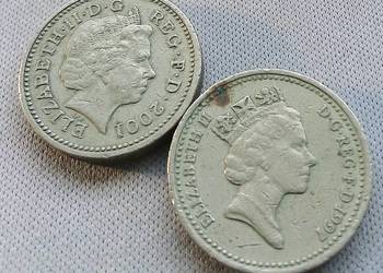 WIELKA BRYTANIA-2X ONE FUNNT-2001 r, 1997 r -DESTRUKT