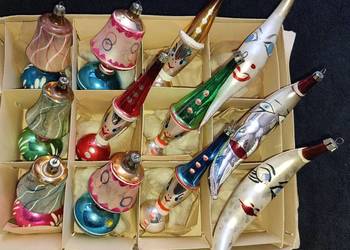 PRL ozdoby choinkowe 12 sztuk - lampki, pajacyki, księżyce