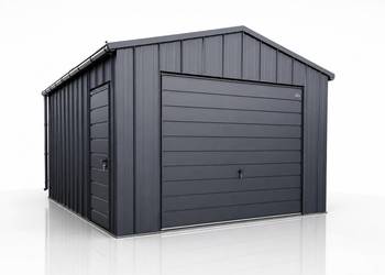 Garaż blaszany 4x5 m dwuspadowy grafit mat – rąbek, brama uchylna