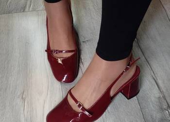 (39/40) Bordowe czółenka wieczorowe z odkrytą piętą, NOWE