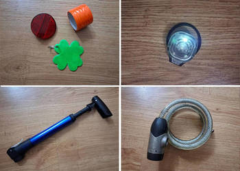 Akcesoria rowerowe pompka aluminiowa + blokada linka + lampka + odblaski