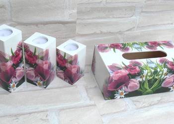 Komplet chustecznik + 3 świeczniki z drewna tulipany