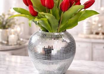 Srebrny lustrzany wazon na kwiaty osłonka glamour 17x16