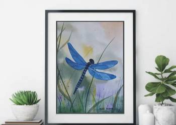 Oryginalny Obraz Akwarela – Niebieska Ważka (Rękodzieło) | 19x26 cm