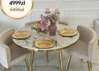Stół złoty glamour z marmurowym blatem, okrągły, nowoczesny