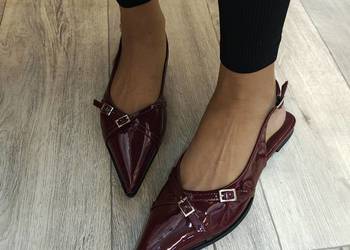 (43) Bordowe baleriny wieczorowe z odkrytą piętą, NOWE