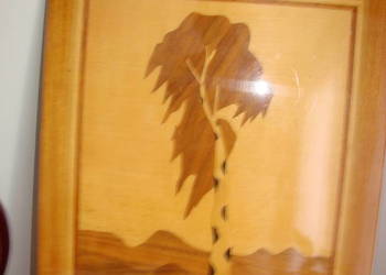 Brzoza drewniany inkrustowany obraz PRL