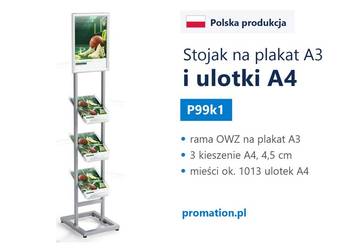 Stojak reklamowy na plakat z kieszeniami na katalogi A4