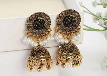 Orientalne kolczyki jhumki czarne złote cyrkonie koraliki etno boho bohemia