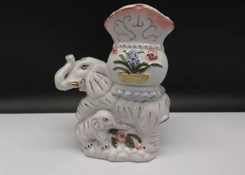 Ceramiczny wazon figurka Słoń z małym słonikiem, retro vintage, złocenia