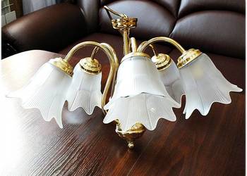 Złoty Żyrandol 5 ramienny Tulipany Lampa wisząca z lat 80-90' Vintage PRL