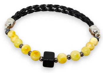 Bransoletka BURSZTYN bałtycki na rzemieniu, mleczny, czarny #856