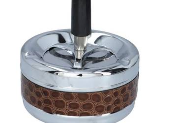 Srebrna Okrągła Popielniczka Metalowo-Skórzana z Zamknięciem