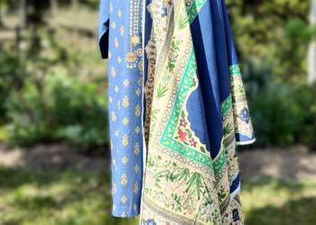 Komplet etno kameez dupatta zgaszony błękit 5XL 6XL tunika szal hijab orien