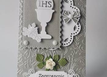 ZAPROSZENIA KOMUNIA UNIWERSALNE KIELICH W RAMCE – SERWETKA B6 SREBRO - BIEL