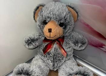 Piękny niebieski misiu z czerwoną kokardką