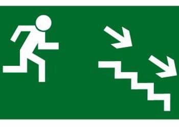 Naklejka BHP kierunek do wyjścia drogi ewakuacyjnej schodami w dół w prawo…