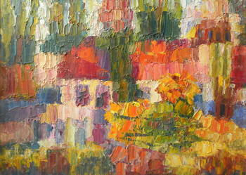 Budowle, natura; olej;  aut. Renata Bulicz