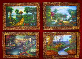 Małe reprodukcje malarskie - klimatyczne pejzaże z małymi mostkami