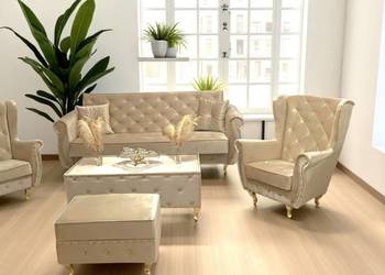 Zestaw mebli wypoczynkowych Glamour kryształ Sofa Fotele Pufa stół