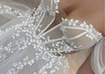 Suknia ślubna boho linia-A wiązana z rozcięciem brokat gorset 36 S, 38