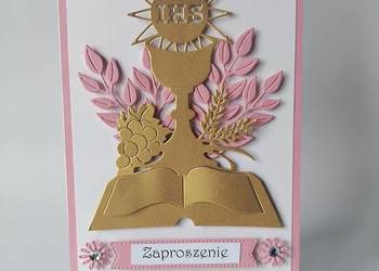 ZAPROSZENIA KOMUNIA KIELICH Z KSIĄŻKĄ DZIEWCZYNKA B6 RÓŻ - BIEL