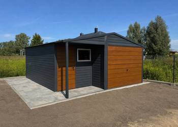 Garaż blaszany dwuspadowy 5×5 z wnęką Ciemny Grafit + Złoty Dąb