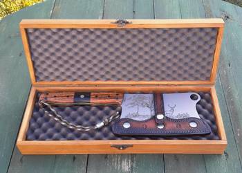 Ręcznie wykonany tasak custom stal nierdzewna, grawer, skórzana pochwa