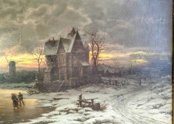 Stary obraz olejny Zima lodowisko