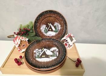 Zestaw 4 świątecznych talerzy ceramicznych ręcznie robionych 21 cm