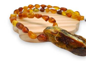 Korale bursztyn bałtycki bryłki koniakowe + unikatowa bryłka #980