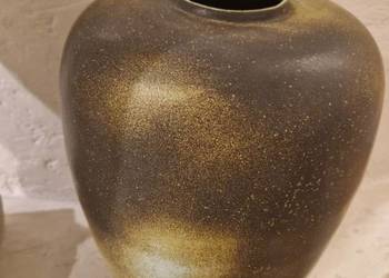 WAZON z ceramiki ręczna praca duży pękaty szary z zielenią design do loftu