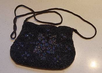Torebka damska z koralików i aksamitu. Czarna. Sylwester, bal, karnawał.