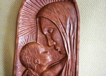 Płaskorzeźba drewniana Matka Boska z Dzieciątkiem PRL retro 40x23 cm