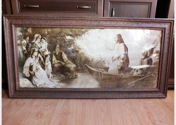 Stary duży obraz "Jezus na łodzi" 135cm x 67cm Oryginał!