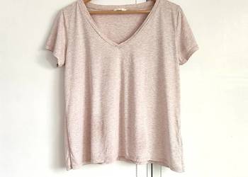 Melanżowa koszulka t-shirt w serek H&M M różowo-beżowa z wiskozą i bawełną
