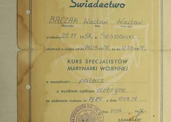 Świadectwo kurs Marynarki Wojennej palacz na okręcie  ORP Bałtyk