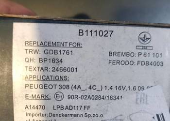 Nowe klocki hamulcowe peugeot 308 1.6vti 2007 rok