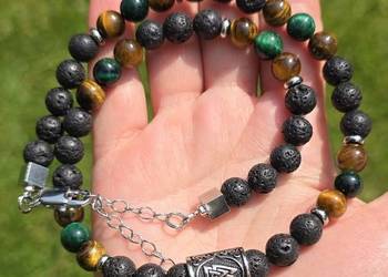 NASZYJNIK RUNA VALKNUT STAL 316L ZAPIĘCIE KAMIEŃ LAWA TYGRYSIE OKO 8 mm HIT