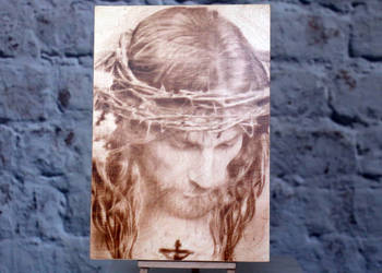 Jezus. Obraz wypalony w drewnie.