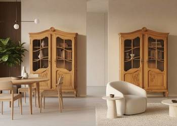 DREWNIANA WITRYNA DĘBOWA styl francuski Ludwik SOLIDNA gięte nóżki PARA 2s.