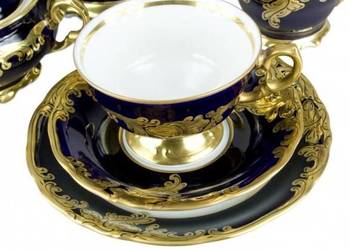 TRIO KOMPLET  ŚNIADANIOWY KOBALT ZŁOTY LIŚC Z PORCELANY KRZYSZTOF WAŁBRZYCH