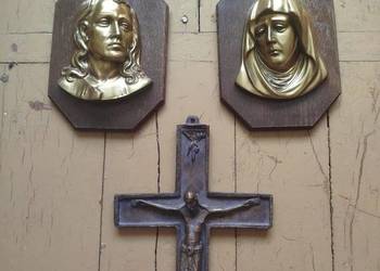 Stary ciężki Krucyfiks z brązu+ komplet płaskorzeźb Vintage Jezus i Maryja