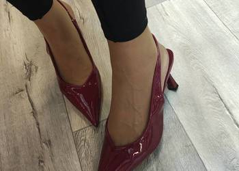 (39/40) Bordowe/ czerwone czółenka wieczorowe z odkrytą piętą, NOWE
