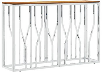 Stolik konsolowy srebrny stal nierdzewna i drewno akacjowe WM-350031